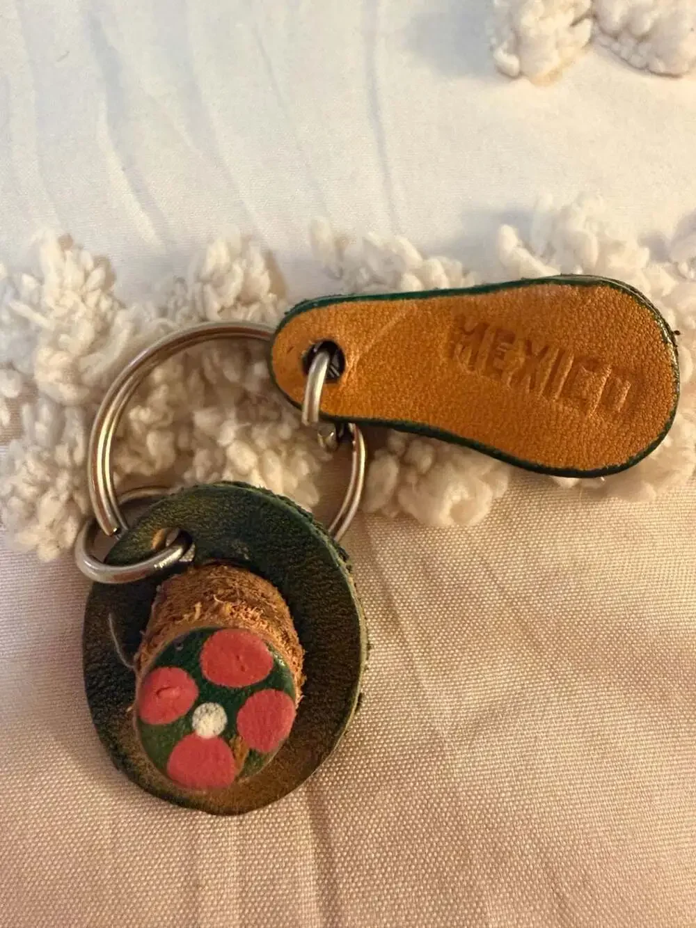 Vintage Handmade Leather Flower Sandal And Hat Mexico Souvenir Keychain